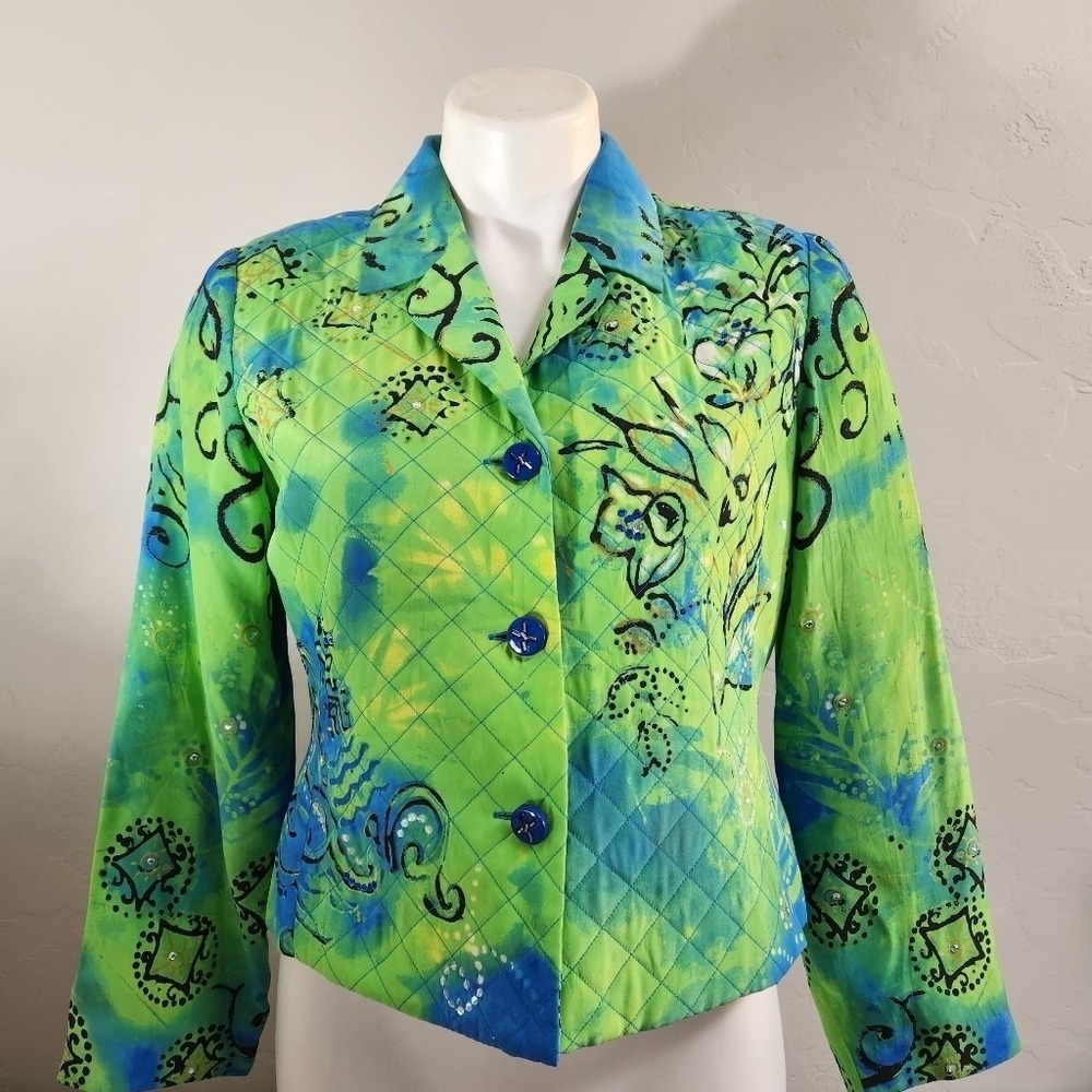 Christina Hope Petite Silk Quilted Jacket Size S Green Blue Floral Sequin Blazer